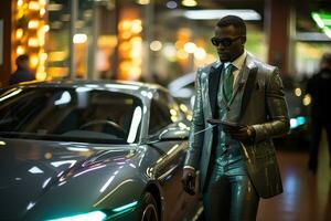 Male model in a retro-futuristic suit, and sleek hovercar.. Generative AI photo