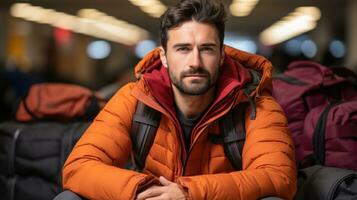 Man with backpack waiting to travel at the airport. Generative AI photo