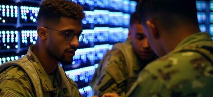 At night, military personnel strategize on cybersecurity.. Generative AI photo