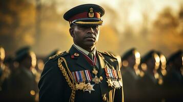 militar oficial en un crujiente uniforme con medallas.. generativo ai foto