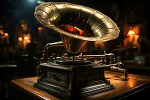 A captivating macro shot of an antique gramophone. Generative AI photo