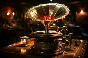 A captivating macro shot of an antique gramophone. Generative AI photo