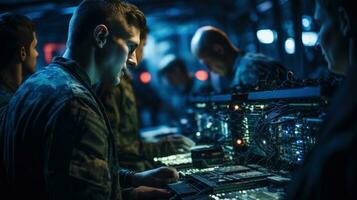 At night, military personnel strategize on cybersecurity.. Generative AI photo