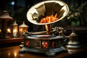 A captivating macro shot of an antique gramophone. Generative AI photo