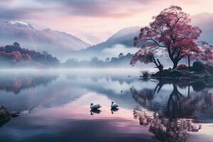 Misty early morning shot of a tranquil lake, faint outline of mountains in the background. Generative AI photo