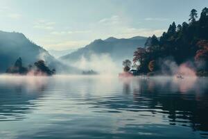 Misty early morning shot of a tranquil lake, faint outline of mountains in the background. Generative AI photo