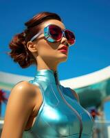 Model in a retro-futuristic swimsuit.. Generative AI photo