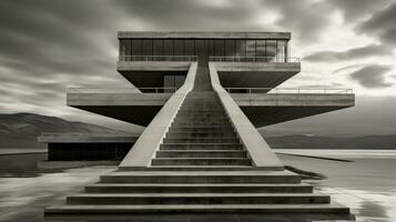 Modernist architectural shot, a geometric concrete structure. Generative AI photo