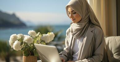 Hijab muslim woman working on laptop at home. Generative AI photo