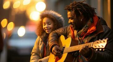 Man playing guitar with street kid. Generative AI photo