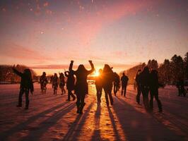 multitudes de personas caminando en el nieve en nuevo años día. generativo ai foto