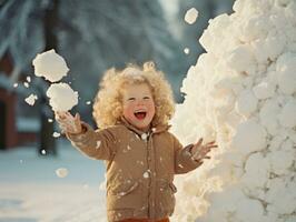 niños edificio muñecos de nieve y jugando en el nieve. generativo ai foto