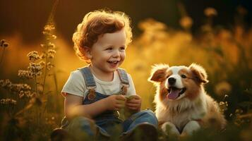 un chico sentado en el campo con su perro amigo. generativo ai foto