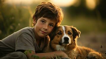 A boy sitting in the countryside with his dog friend. Generative AI photo