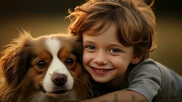 A boy sitting in the countryside with his dog friend. Generative AI photo