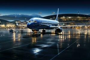 Panoramic view of a bustling airport. The airplane, standing tall and majestic.. Generative AI photo