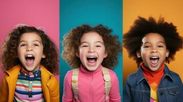 Happy children posing in front of colorful background. Generative AI photo