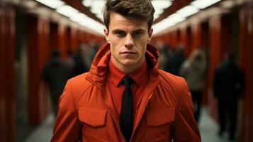 Attractive man posing in front of a tunnel-like passage. Generative AI photo