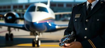 Attractive pilot man posing in front of airplane. Generative AI photo