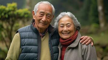 Elderly Asian couple poses happily. Generative AI photo
