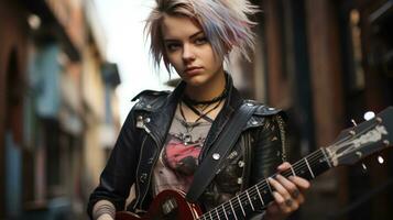 punk rock Adolescente niña con un tachonado chaqueta y guitarra.. generativo ai foto