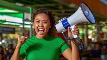 Asian woman holding a megaphone. Generative AI photo