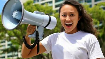 Asian woman holding a megaphone. Generative AI photo