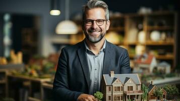 Real estate agent man holding a house model. Generative AI photo