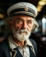 Sailor in a shirt with a nautical cap.. Generative AI photo