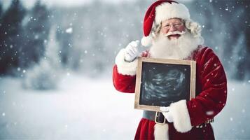 Santa Claus holding a chalkboard in the snow. Generative AI photo