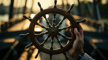 A man holding a ships wheel. Generative AI photo