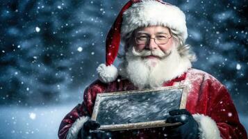 Santa Claus holding a chalkboard in the snow. Generative AI photo
