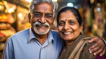 Middle-aged Indian couple poses happily hugging. Generative AI photo