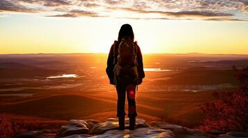 mujer montaña caminante acecho el puesta de sol vista. generativo ai foto