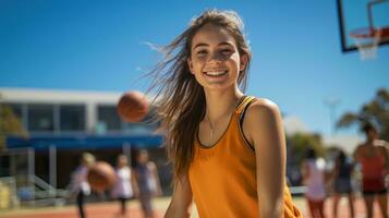 deportivo Adolescente niña jugando un baloncesto.. generativo ai foto