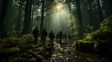 un Clave baja escena de un grupo caminando mediante un vago bosque, capturado utilizando inclinación y rastreo tiros generativo ai.. generativo ai foto