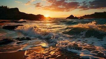 olas estrellarse en un playa a puesta de sol. generativo ai.. generativo ai foto