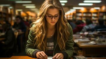 estudioso Adolescente niña con leyendo un libro.. generativo ai foto