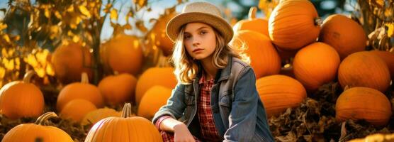 un joven niña poses en un campo con un montón de calabazas generativo ai foto