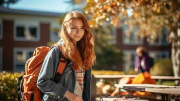 A girl with a backpack walks with books in the schoolyard. Generative AI photo