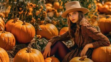 A young girl poses in a field with lots of pumpkins. Generative AI photo