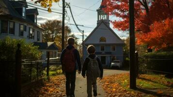 Young children returning home from school. Generative AI photo