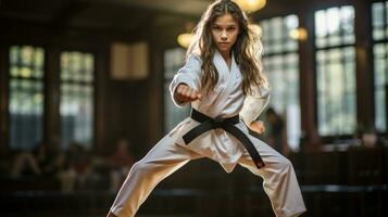 Adolescente niña en un marcial letras uniforme haciendo un patada.. generativo ai foto