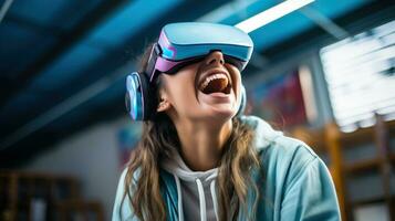 Tech-savvy teenage girl wearing VR goggles.. Generative AI photo