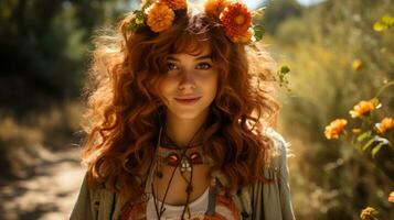 Adolescente niña en boho elegante atuendo con un flor corona.. generativo ai foto