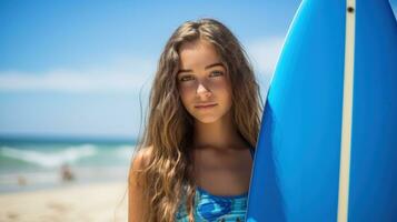 Adolescente niña en un traje de baño con un tabla de surf.. generativo ai foto