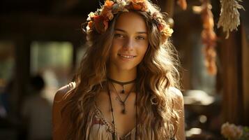 Teenage girl in boho chic attire with a flower crown.. Generative AI photo