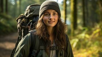 Adolescente niña en excursionismo engranaje con un mochila.. generativo ai foto