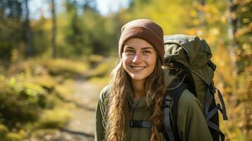 Teenage girl in hiking gear with a backpack.. Generative AI photo