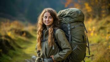 Teenage girl in hiking gear with a backpack.. Generative AI photo